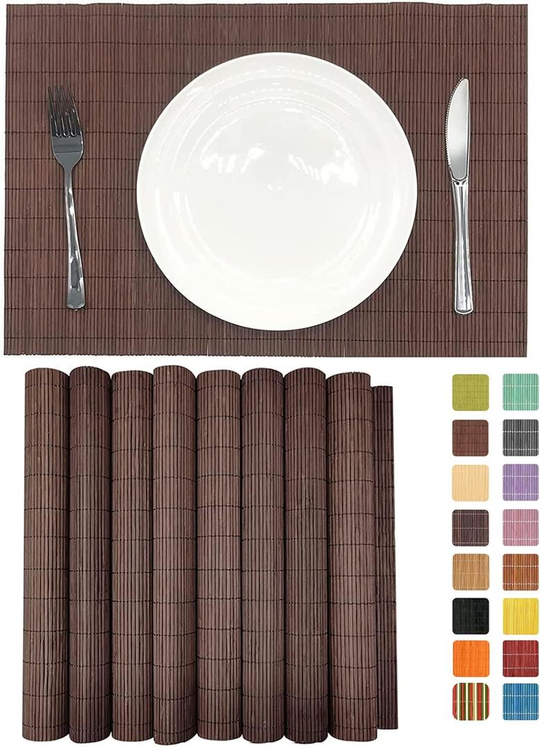 ANDSTAR Set of 8 Pcs Bamboo Placemats Sushi Rolling Mat Japanese Style Natural Anti-Slip Bamboo Placemats Washable Heat-Resistant Table Mats for Dining Room and KitchenChocolate