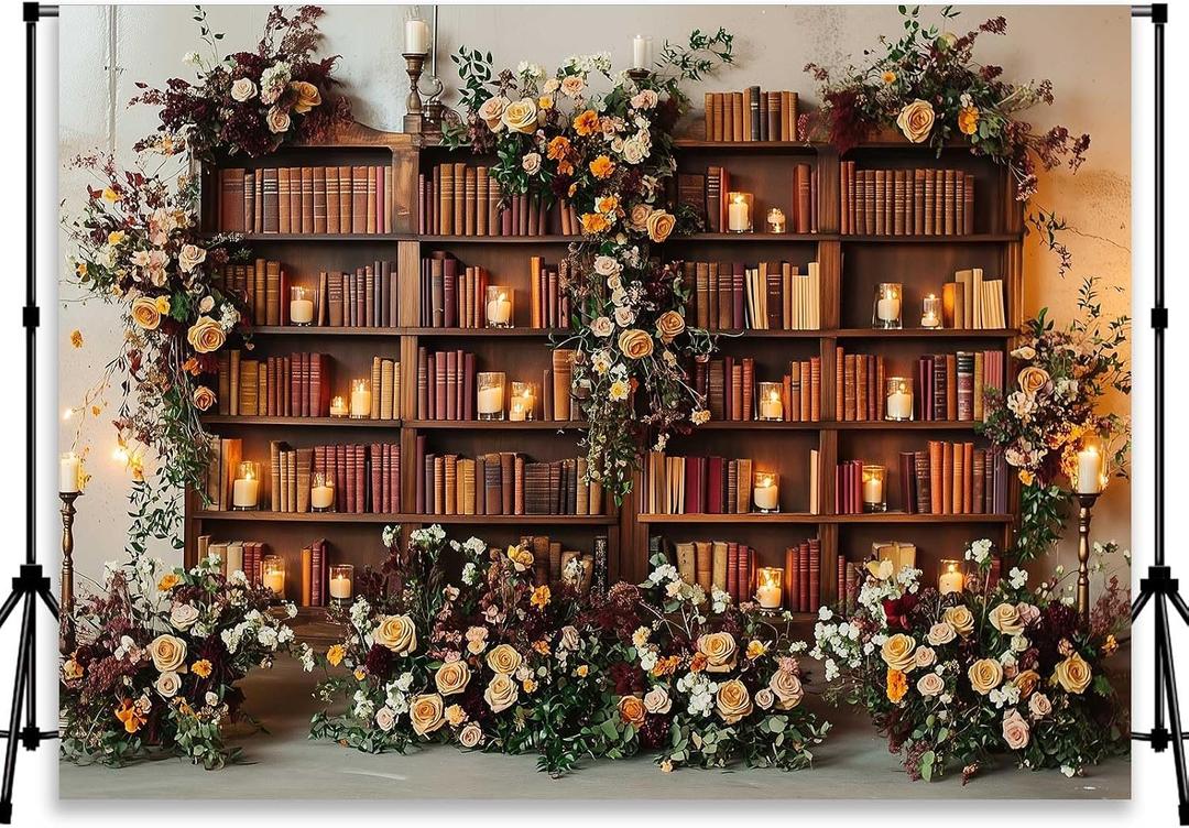 Retro Book Backdrop Retro Flower Book Backdrop Books Backdrops Bookcase Photography Background for Kids Girls Graduation Wedding Party Decor YUNBDJ1869