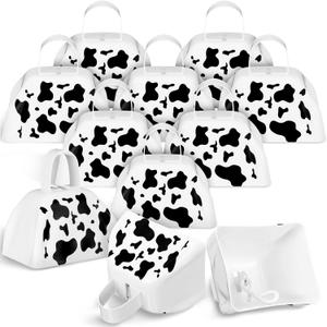 12 Pcs Metal Cow Print Cowbells with Handle Novelty Cow Bells Noise Makers Cow Print Party Favors for Birthday Farm Animal Theme Party Western Wedding Sporting Events Football Games, White/Black