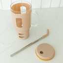 Glass Tumbler with Silicone Sleeve and Bamboo Lid, 32 oz, with Straw (Beige)