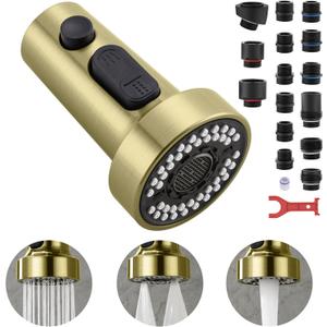 TIORIY Kitchen Faucet Head with 15 Adapters, High Pressure 3 Functions Pull Down Kitchen Spray Head Replacement, Pull Out Kitchen Sink Sprayer Nozzle, Brushed Gold, ABS