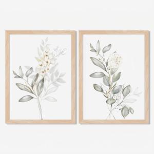 Framed Nature Botanical Wall Art Set of 2, White Floral with Green Eucalyptus Leaves Canvas Prints, Modern Minimalist Flower Painting Picture For Kitchen, Bedroom, Dining Room,Bathroom Decor, 8x10IN