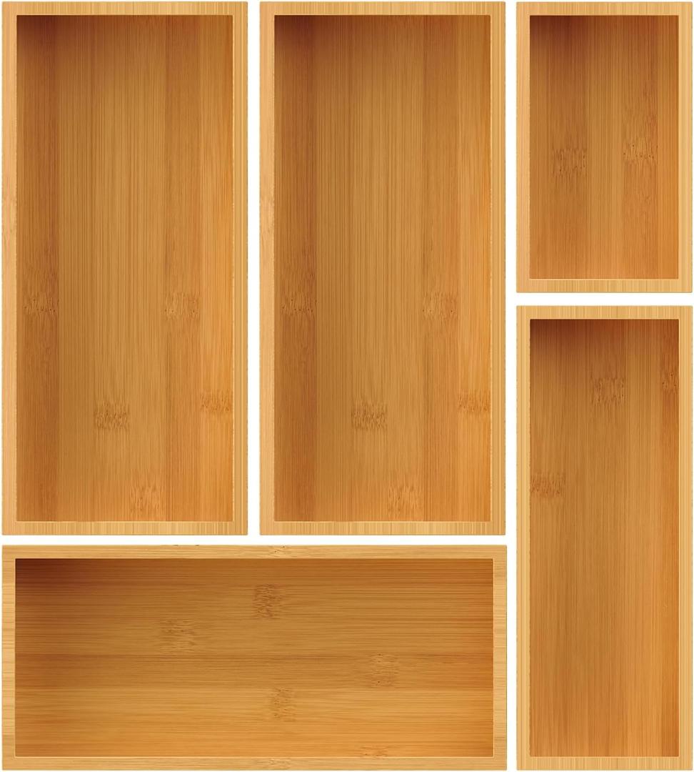 Bamboo Drawer Organizer Set, 5-Piece Storage Trays for Kitchen, Bathroom, Office Desk, Makeup & Junk Drawers, Utensils