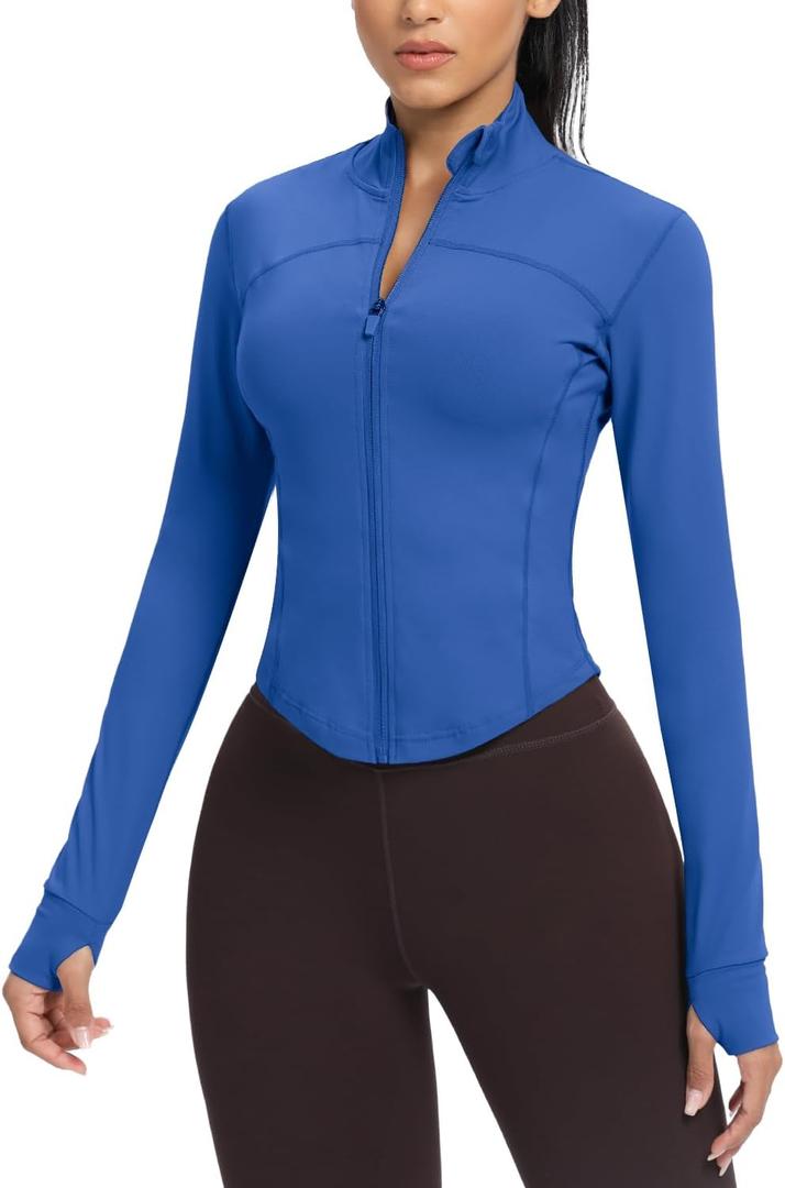 AVGO Women's Cropped Running Workout Jackets Zip Slim Fit Athletic Tops with Thumb Holes(Deep Blue, S)