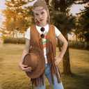 SUOLA 60s 70s Western Cowgirl Outfits Set Hippie Costume Fringe Vest with Hat Sunglasses Earring Headband for Women Halloween (Brown, L)