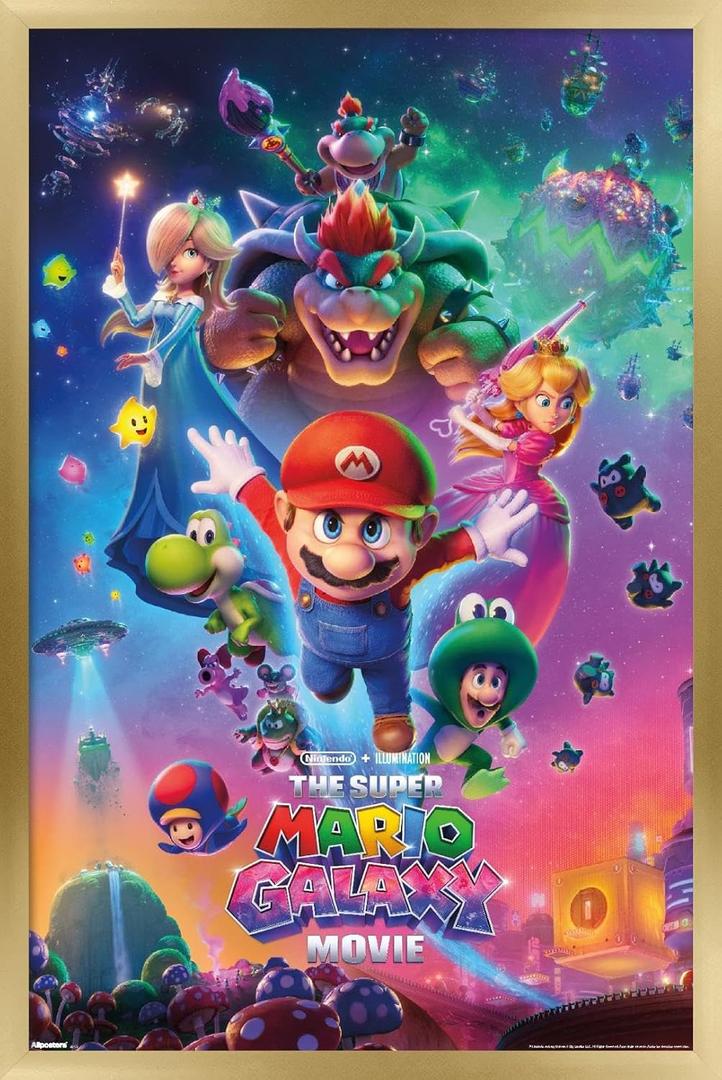 Trends International Nintendo The Super Mario Galaxy Movie (2026) - Official One Sheet Wall Poster, 22.4L x 14.7W, Gold Framed Version