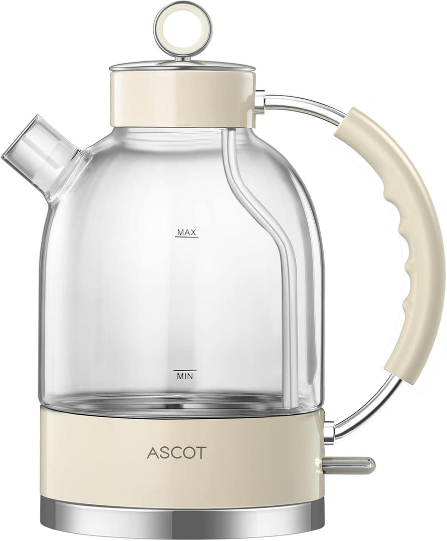 ASCOT Electric Kettle, Glass Electric Tea Kettle Gifts for Men/Women/Family 1.5L 1500W Borosilicate Glass Tea Heater, with Auto Shut-Off and Boil-Dry Protection (Beige) (Cream)