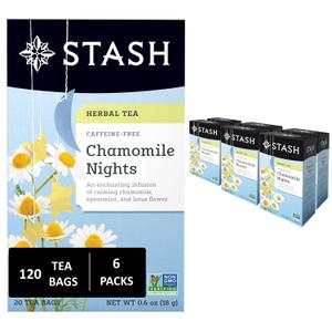 Stash Tea Chamomile Nights Herbal Tea - Naturally Caffeine Free, Non-GMO Project Verified Premium Tea with No Artificial Ingredients, 20 Count (Pack of 6) - 120 Bags Total (EXP 02/18/28)