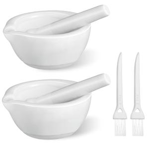 2 Sets Mini Porcelain Mortar and Pestle Set Porcelain Herb Grinder Crusher Grinding Bowl Kitchen Mixing Grinding Bowl with 2 Pieces Brushes for Seasonings, Sesame, Herbs, Medicine(60 mm)