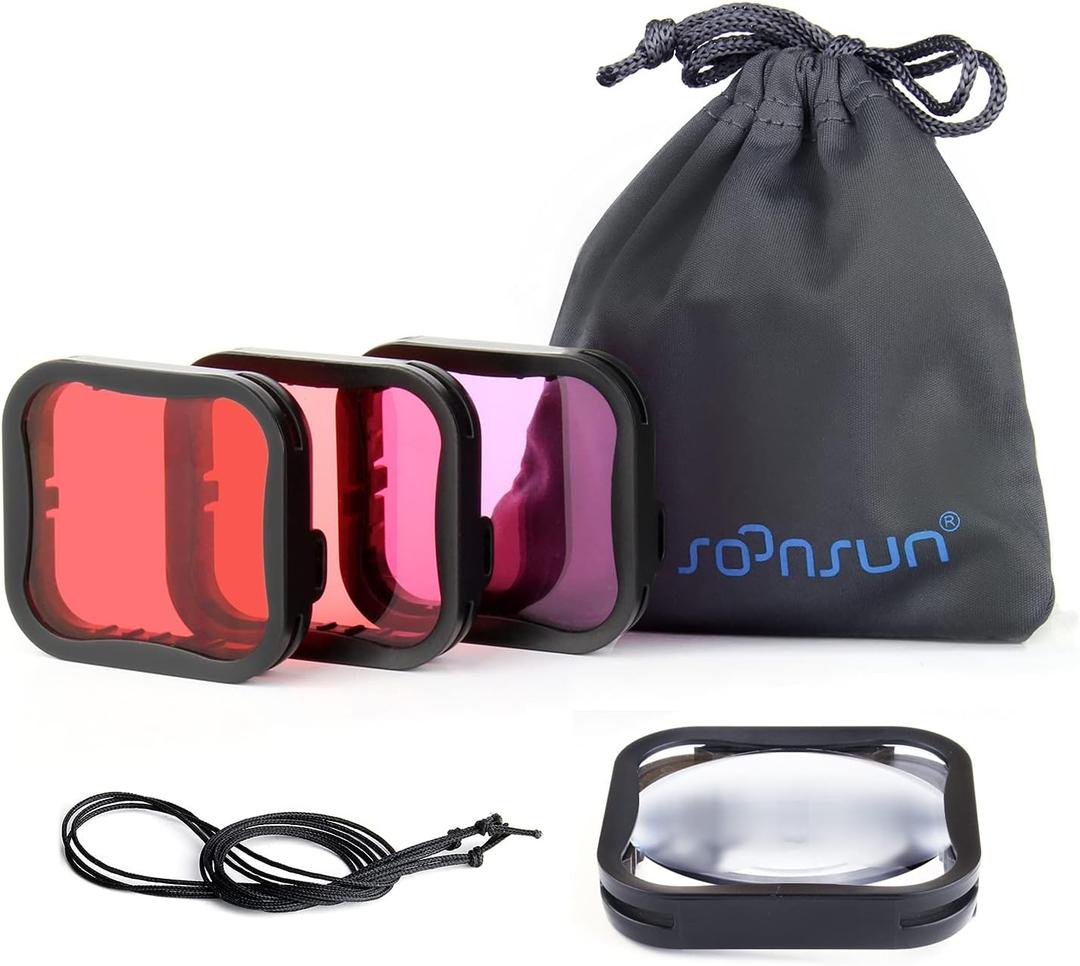 SOONSUN 4-Pack Dive Filter for GoPro Hero 5 6 7 Black Official Housing Case - Red, Light Red, Magenta, 5X Close-up Macro Filters - Color Correction for Various Underwater Video Photography Conditions