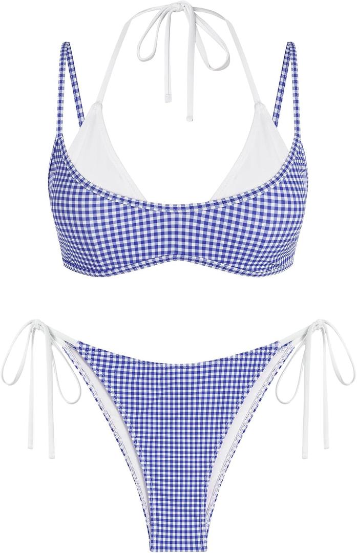 ZAFUL Women's Polka Dot Bikini Set Double Layer Halter Swimsuit Colorblock Side Tie 2 Piece Bathing Suit (Blue, L)