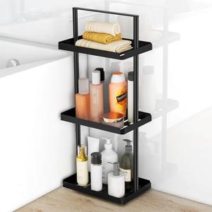 STWWO 3 Tier Bathroom Counter Organizer, Vanity Organizer for Bathroom Corner Shelf, Metal Standing Shower Caddy with Handle, Countertop Storage Rack for Kitchen, Bathtub, Black
