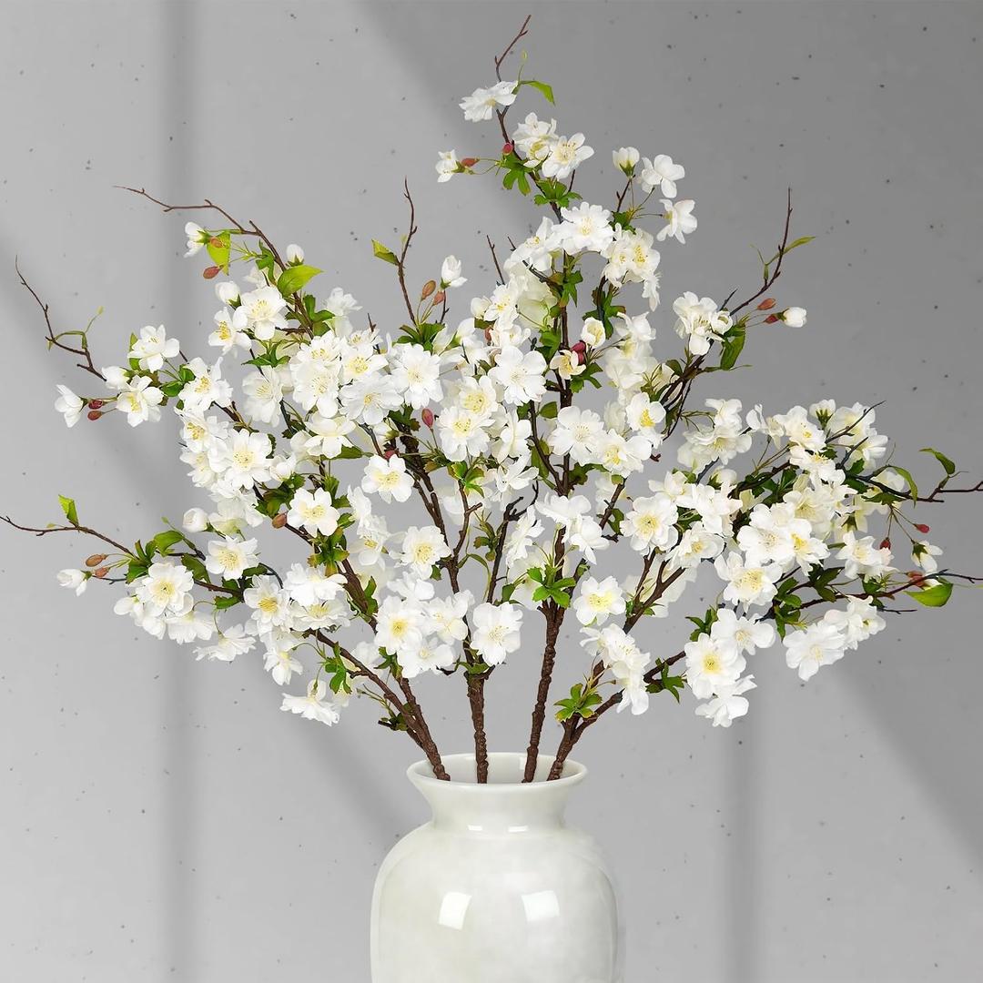 Artificial Cherry Blossom Branches 31.5'', 4 Pack Faux Spring Flowers for Tall Vase, Realistic Flower Stems for Home Decor, Wedding, Easter, Table Centerpiece and Party Decor (Pure White)