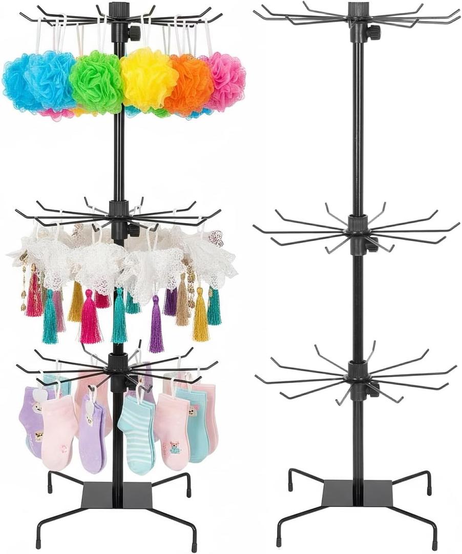 3 Tier Rotating Retail Rack, Adjustable Fashion Counter Jewelry Tree Display Holder, Tabletop Retail Spinner Display Stand, Stable, for Jewelry Keyring Bracelet Necklace Hairtie, Black,Pack of 2