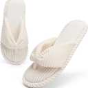 Womens Flip Flops Slippers with Memory Foam Cute Corduroy Bow House Slippers Indoors Outdoors Soft Anti-Skid Open Top (7.5-8.5 Women/5-6 Men, Beige)