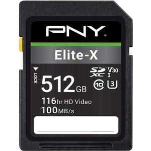 PNY 512GB Elite-X Class 10 U3 V30 SDXC Flash Memory Card - 100MB/s, Class 10, U3, V30, 4K UHD, Full HD, UHS-I, Full Size SD (Pack of 1)