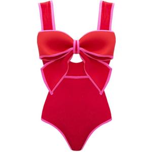 FLAXMAKER Bow Front Cut Out Color Block One Piece Swimsuit and Skirt (Small)