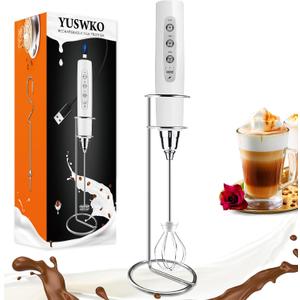 YUSWKO White Handheld Milk Frother Wand with Stand for Coffee, Rechargeable Electric Whisk with 3 Heads 3 Speeds Drink Mixer Coffee Frother For Latte, Cappuccino, Hot Chocolate, Egg