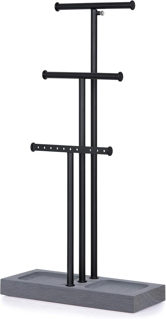 Love-KANKEI Jewelry Organizer Stand Metal & Wood Base and Large Storage Necklaces Bracelets Earrings Holder Organizer Gift Black and Weathered Grey (3 Tiers)