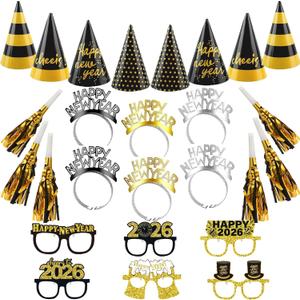 VDESFUEBY Black Gold Luxury New Year's Eve Party Supplies,2026 Party Headbands and Conical Hat/Sparkling Glasses for Happy New Year Gift New Year's Eve Party New Years Eve Accessories
