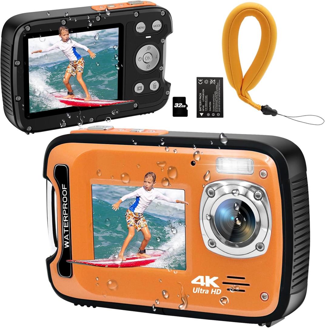 Underwater Camera 4K 48MP Autofocus Selfie Dual Screen Waterproof with Floating Strap and 32GB Card, 17FT Compact Waterproof Digital Camera for Snorkeling