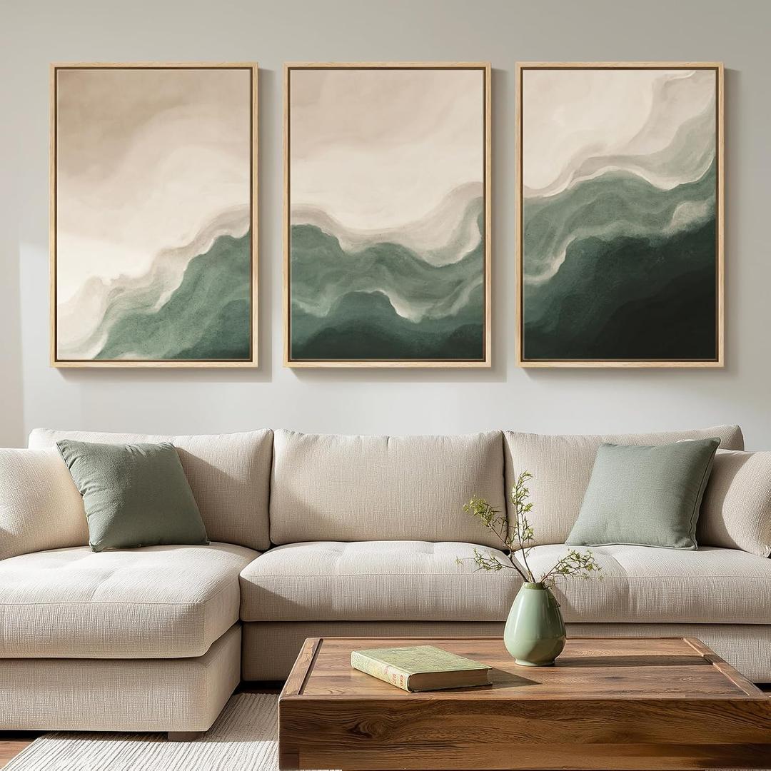 Large Framed Green and Beige Abstract Wall Art Set of 3, Modern Neutral Canvas Prints Paintings Artwork for Walls, Minimalist Abstract Pictures for Living Room Dining Room Bedroom Wall Decor 20x30 In (Serene Tides)