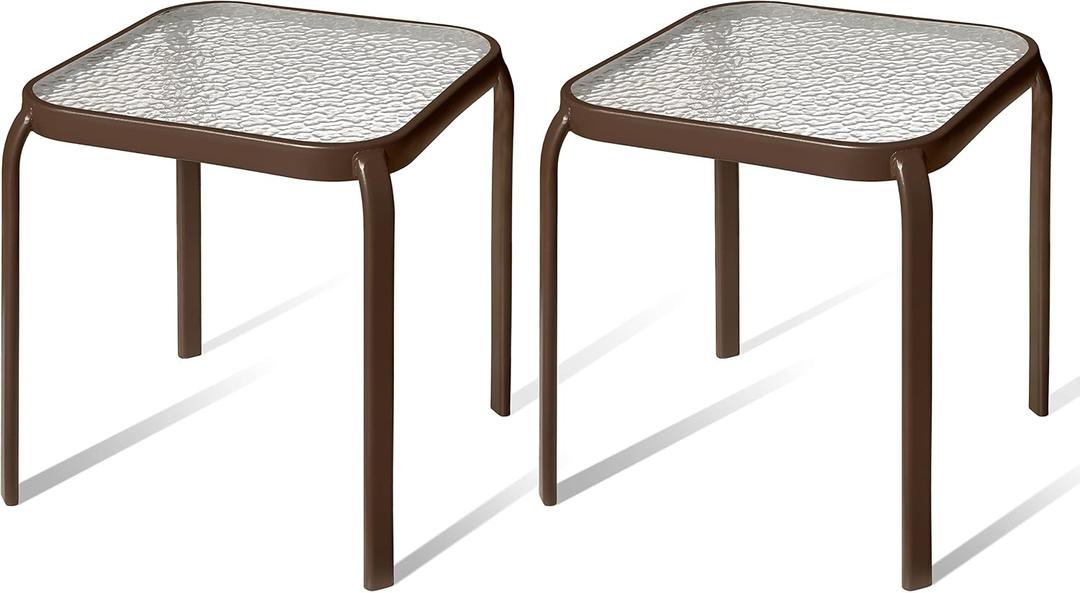 Bronze Metal Outdoor Side Table with Tempered Glass Top Set of 2 Elegant Small 16" Square Patio Table Durable Weather-Resistant Coffee Bistro Accent End Table for Outside and Garden, Standard