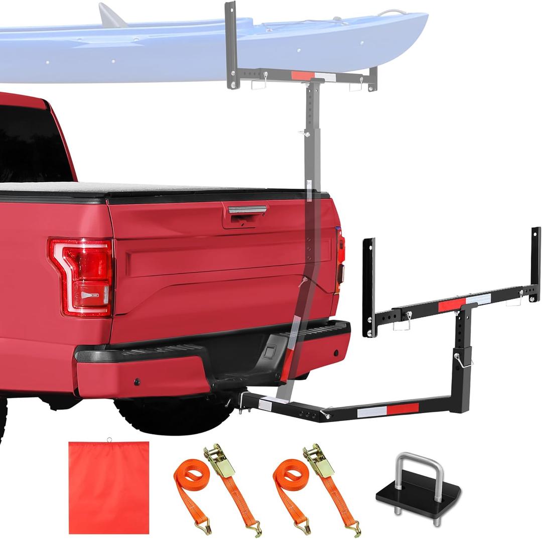JY PERFORMANCE Truck Bed Extender Hitch Mount, Foldable Pickup Truck Bed Extender for Kayak Canoe Ladder Lumber Rack Long Pipes, w/Flag, Reflective Tape, 375lbs Capacity