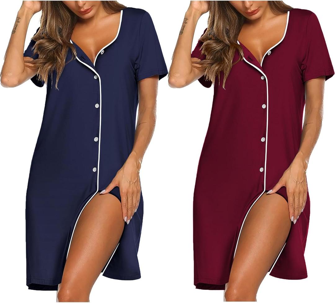 Ekouaer Nightgowns for Women 2 Pack Button Down Sleepshirt Short Sleeve Nightshirt Soft Sleepwear V Neck Pajama Dress (Large)