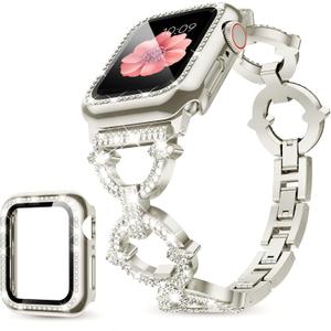 Mesime Compatible with Apple Watch Band 38mm 40mm 41mm 42mm 44mm 45mm 46mm, Women Bling Jewelry Bands with Tempered Glass Screen Protector Case, Shiny Strap for iWatch Series 10/9/8/7/6/5/4/3/2/1/SE (Starlight)