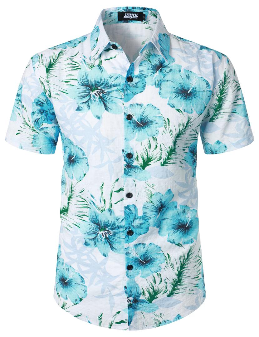 JOGAL Men's Flower Casual Button Down Short Sleeve Hawaiian Shirt Suits Fresh Blue, XX-Large