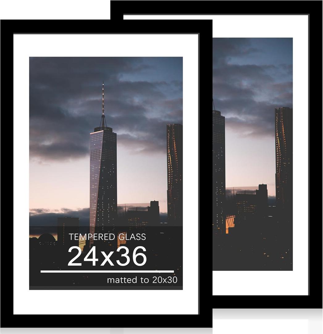 24x36 Poster Frame Set of 2, 24 x 36 Wood Picture Frames with Mat for 20x30, Wooden Photo Frame with Tempered Glass Cover for Wall Mounting Display, Black