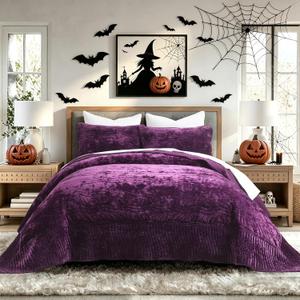 Oversized King Patchwork Velvet Comforter,Purple Wave Pattern Quilt