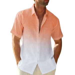 Mens Gradient Linen Shirts Casual Button Down Short Sleeve Beach Summer Shirts Large