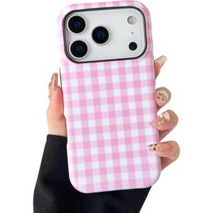 Compatible with iPhone 17 Pro Max Case, Cute Simple Checkered Phone Case for Women, Shockproof Slim Soft TPU and Hard PC Protective Cover Compatible with iPhone 17 Pro Max 6.9", Pink