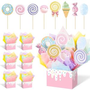 54 Pcs Pastel Candy Themed Party Centerpieces Decorations Lollipops Ice Cream Macarons Cutouts with Paper Box Pastel Tissue Paper for Candy Land Party Birthday Decor