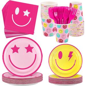 144 Pieces Preppy Smile Party Tableware Sets Including Disposable Plates Napkins Cups Forks Serves 24 for Smile Face Party Birthday Baby Shower Decor Party Supplies