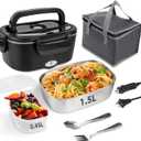 Electric Lunch Box, 12V/24V/110V Portable Food Warmer with SS Fork & Spoon for Car/Truck/Office, 80W Self Heating Lunch Box with 1.5L Container & 0.45L PP Fruit Box Matte Black