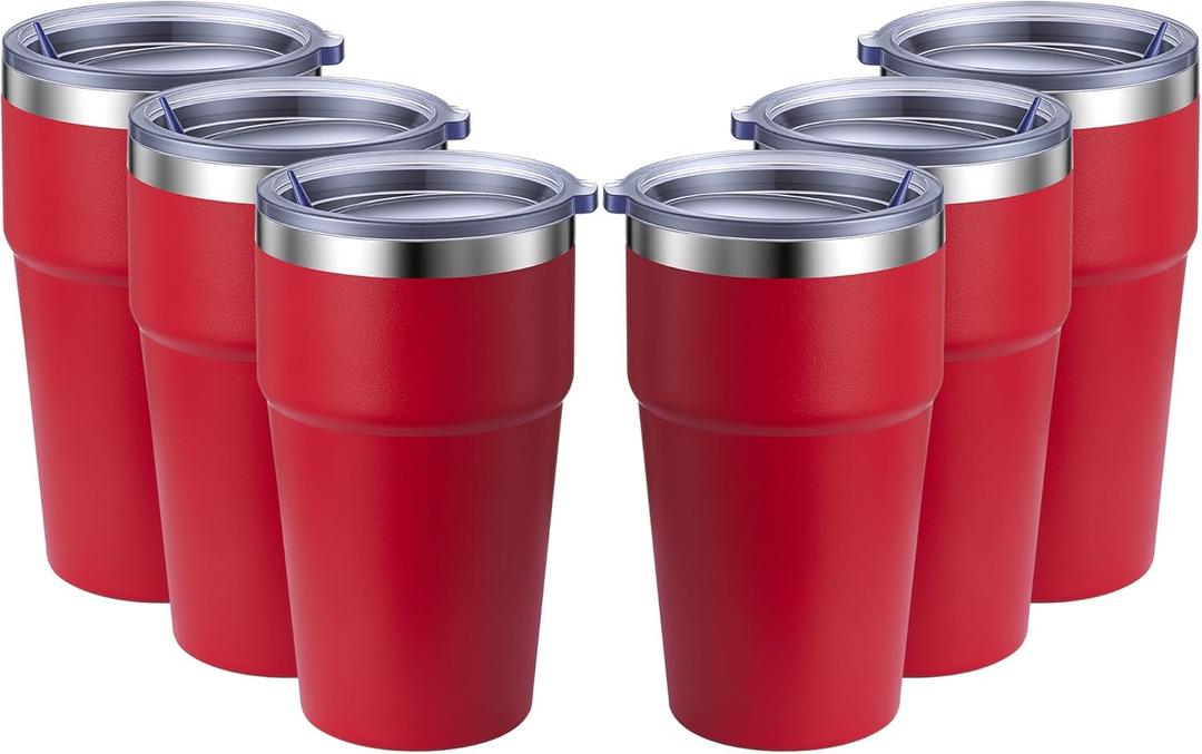 MEWAY 16oz Tumbler Double Wall Vacuum Insulated Travel Mug Bulk, Stainless Steel Tumblers with Lid, Powder Coated Coffee Cups for Cold & Hot Drinks (Red,6 Pack)