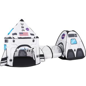 JOYIN White Rocket Ship Pop up Play Tent with Tunnel and Playhouse Kids Indoor Outdoor Spaceship Tent Set