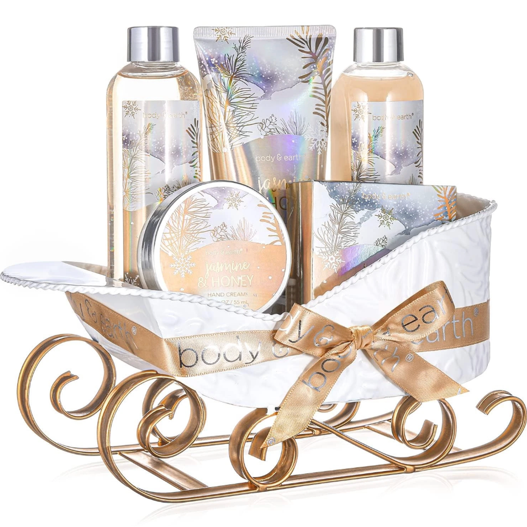 Gift Baskets for Women, Body & Earth Gift Set with Jasmine & Honey Scent Includes Bubble Bath, Hand Cream, Holiday Gift Baskets, Bath and Body Gift Sets for Women, Happy New Year Gifts