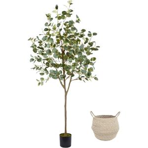 Warmplants Artificial Eucalyptus Tree, 6ft Tall Fake Eucalyptus Plant with Basket, Green Silver Dollars Silk Leaves Faux Tree for Home Office Livingroom Floor Decor Indoor