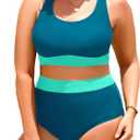Aqua Eve Plus Size Two Piece High Waisted Bikini Swimsuits Scoop Neck Bikini Set Sporty Bathing Suits (Teal and Green) 12W