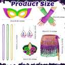8Pcs Mardi Gras Outfit Accessories Set for Women Mardi Gras Costumes Tassel Sequins Fringe Skirt Beads Necklace Earrings Mask Fishnet Gloves Bracelet Purple