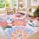 OLANLY 4x6 Area Rug, Washable Floral Rug for Bedroom, Living Room, Dining Room  Non Slip Low Pile Soft Indoor Carpet, Lightweight & Non-Shedding Throw Rug for Office or Kids Room, Pink
