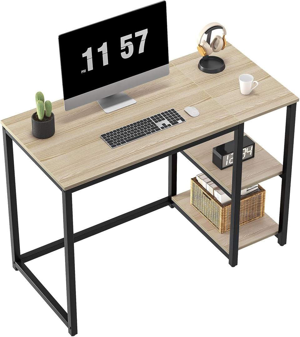 SINPAID Computer Desk 40 inches with 2-Tier Shelves Sturdy Home Office Desks with Large Storage Space Modern Gaming Desk Study Writing Laptop Table, Oak