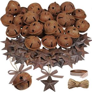 Winlyn 80 Pcs Rusty Metal Christmas Sleigh Bells Jingle Bells Rustic Craft Bell 1-1/2" and Dimensional Mini Rusted Metal Barn Stars with Jute Twine Plaid Ribbon for Christmas Tree Holiday Season Decor