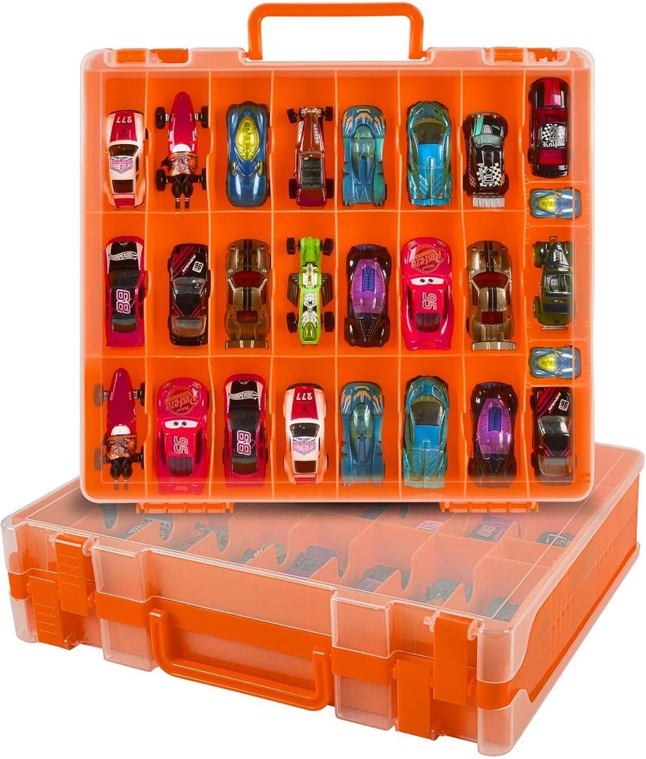 Toy Car Storage Organizer Case Compatible with Hot Wheels/for Matchbox Cars. Display Carrying Container Holder for LOL Surprise Dolls/for Shopkins with 48 Compartments Double Sided-Orange (Box Only)