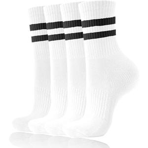 2 x AugRing Women's Striped Cotton Crew Socks Cozy Casual Athletic Quarter Socks for Running & Gym Size 5-11 (White)
