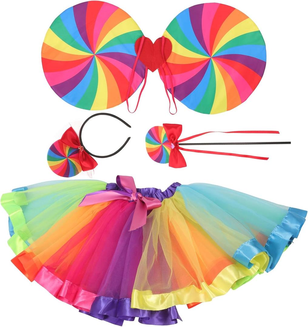 VILLCASE Rainbow Candy Tutu Dress: Layered Rainbow Tutu Skirt - Girls Fairy Wings - Includes Headband Lollipop Wand - Costumes Set for Birthday Parties Festivals Dress-up Girls